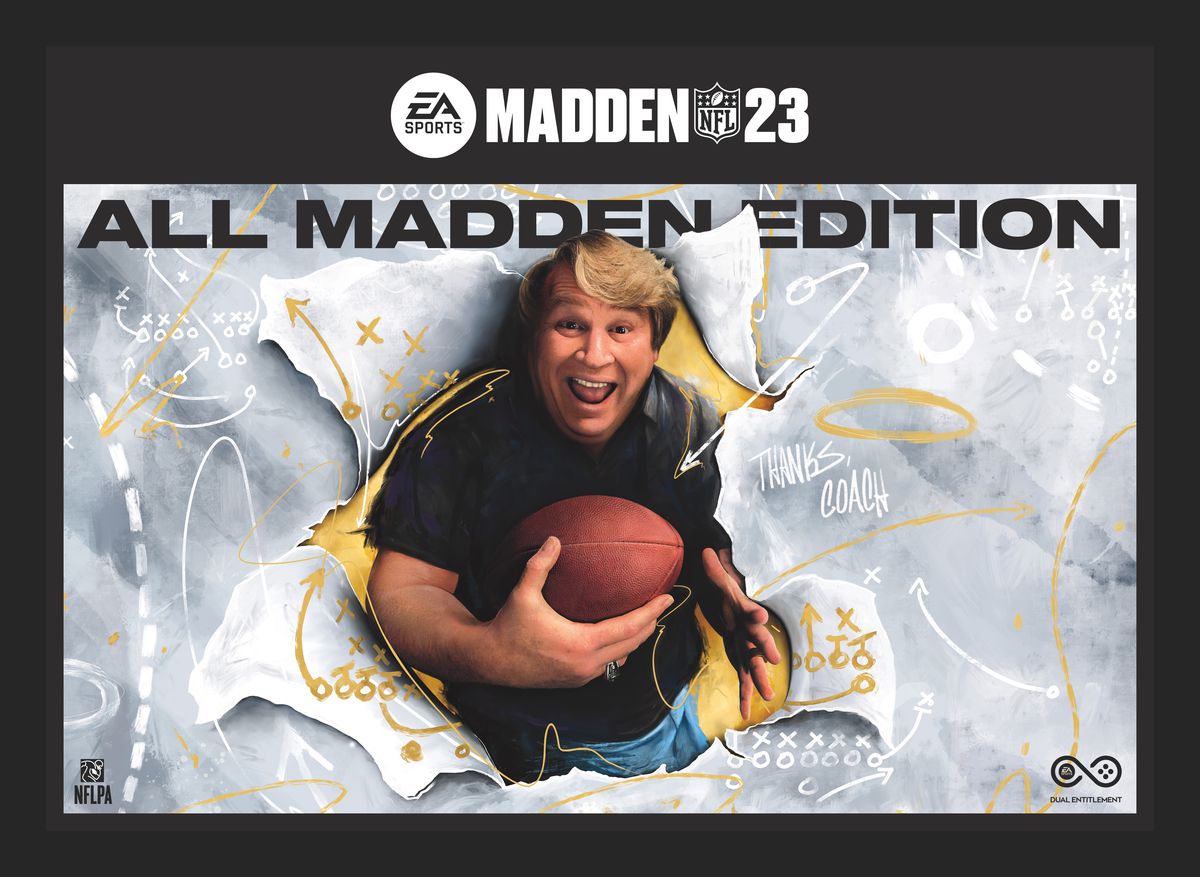 copertina di All Madden Edition di Madden NFL 23, con grafica ispirata alla copertina di John Madden Football del 1988 in cui John Madden irrompe attraverso la carta portando un pallone da calcio