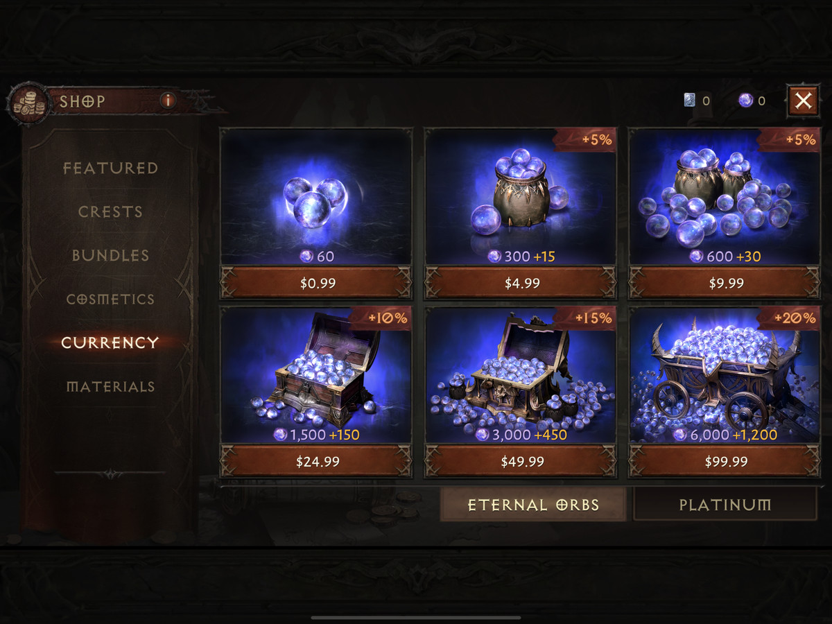 Schermata del negozio di Diablo Immortal per la valuta delle sfere eterne.