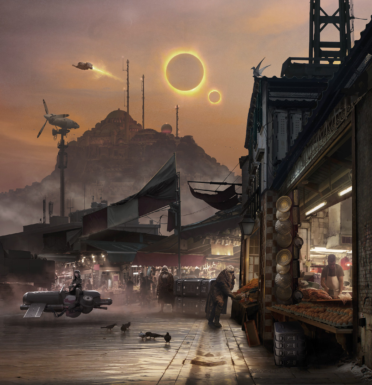 Ironsword: arte di Starforged raffigurante un mercato di fantascienza sotto un cielo alieno