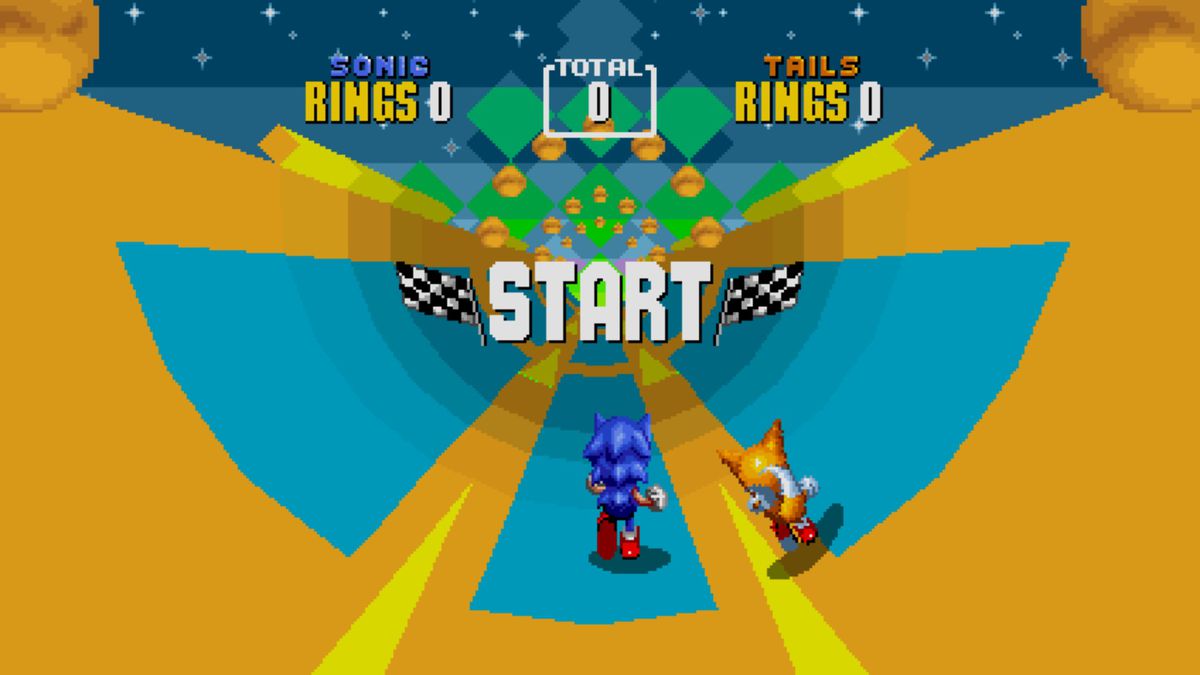Sonic e Tails corrono sul vertiginoso palco speciale in finto 3D di Sonic 2 nella collezione Sonic Origins.