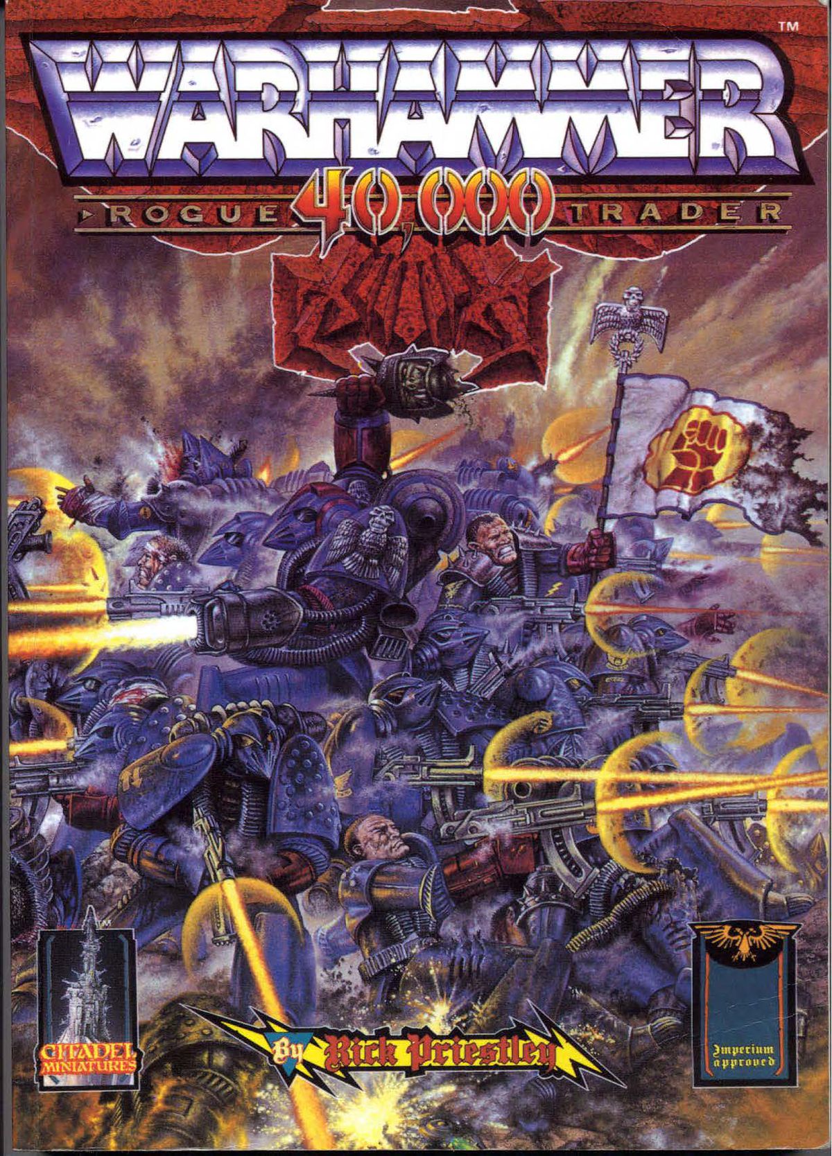 Copertina del regolamento originale di Warhammer 40,000, pubblicato nel 1987. Il suo titolo ufficiale è Rogue Trader: Warhammer 40,000.