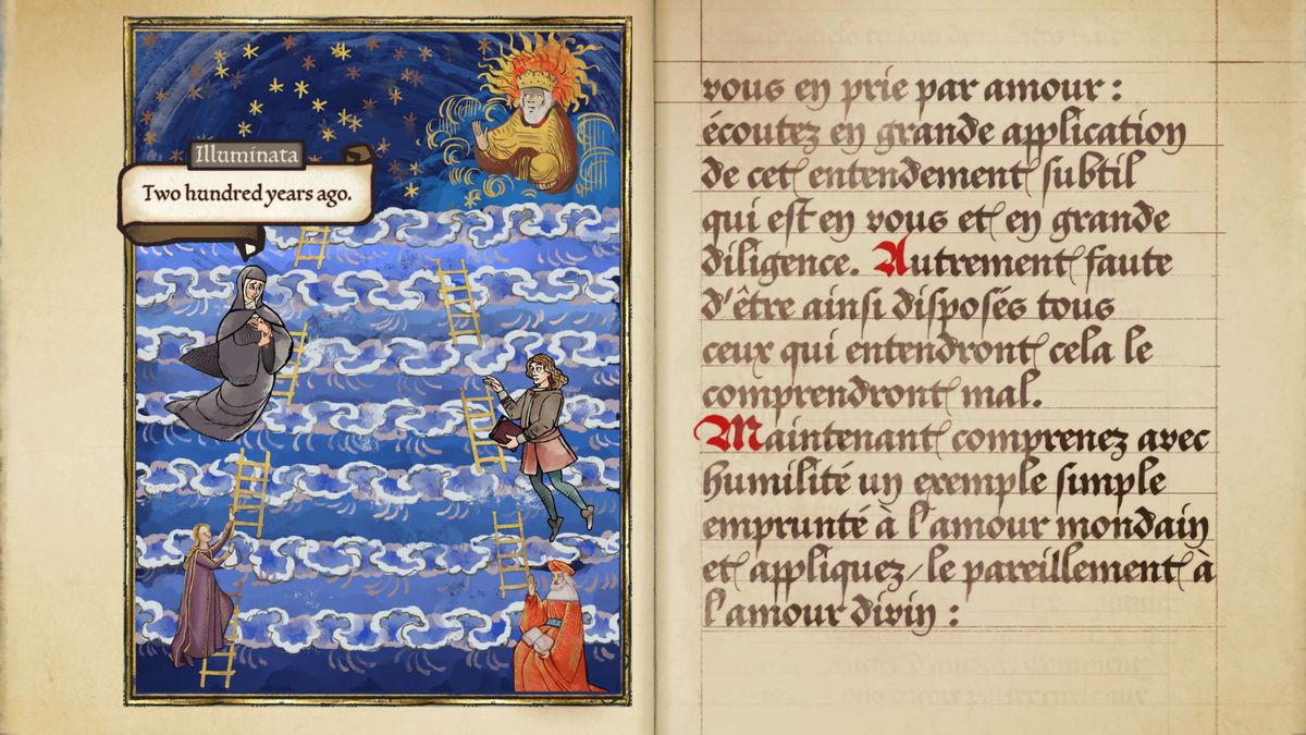Una pagina illustrata di manoscritto medievale in Pentimento
