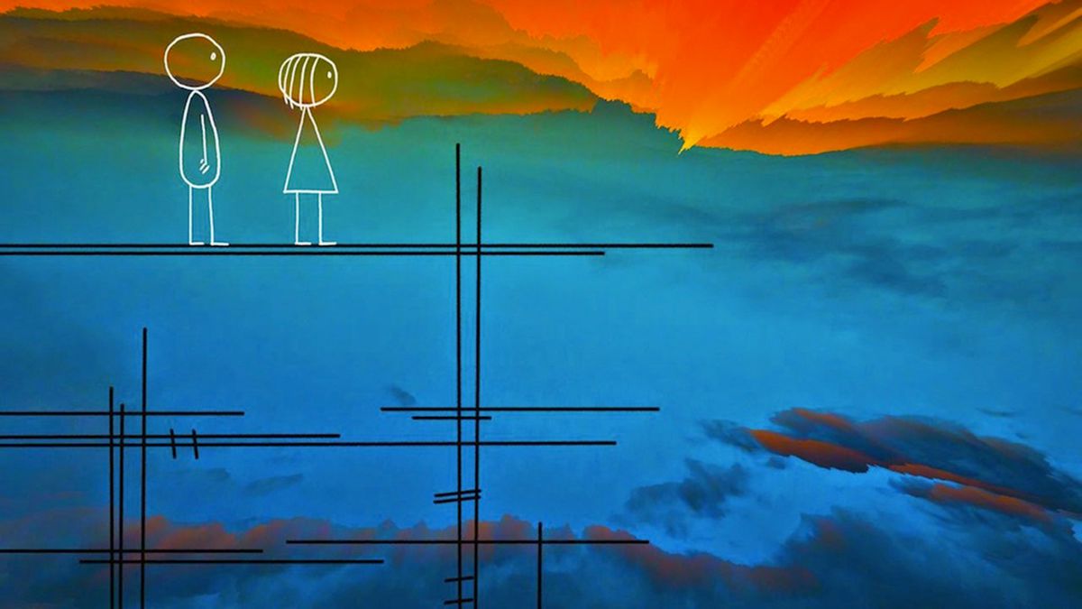 Due figure stilizzate, una con i capelli lunghi, stanno su un trespolo fatto di linee astratte mentre osservano un tramonto generato dal computer.