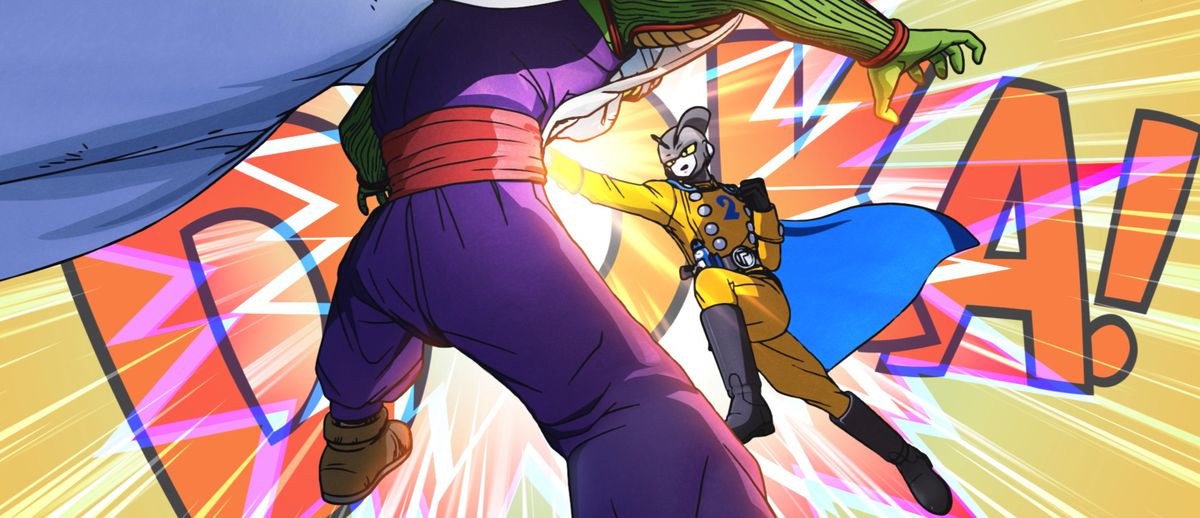 Un cattivo mascherato in Dragon Ball Super: Super Hero prende a pugni Piccolo con un potente e stilizzato 