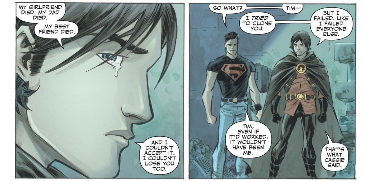 In lacrime, Tim Drake/Red Robin spiega a Superboy/Conner Kent che in un anno in cui la sua ragazza, papà e il suo migliore amico sono morti, l'unica persona che ha cercato di riportare in vita dalla morte era Superboy, in Adventure Comics #3 (2009) .