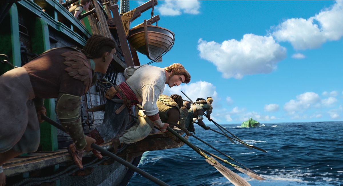 Un gruppo di marinai che rema su un veliero nel film d'animazione di Netflix The Sea Beast