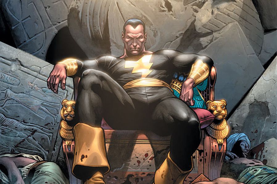 Black Adam, acerrimo nemico di Shazam, è sdraiato su un trono, circondato da corpi, sulla copertina di 52 #45, DC Comics (2007).