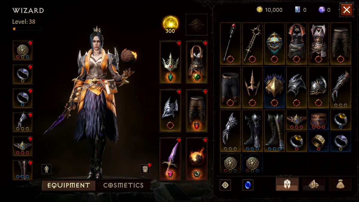 Uno screenshot di Diablo Immortal che mostra lo schermo dell'equipaggiamento di una maga