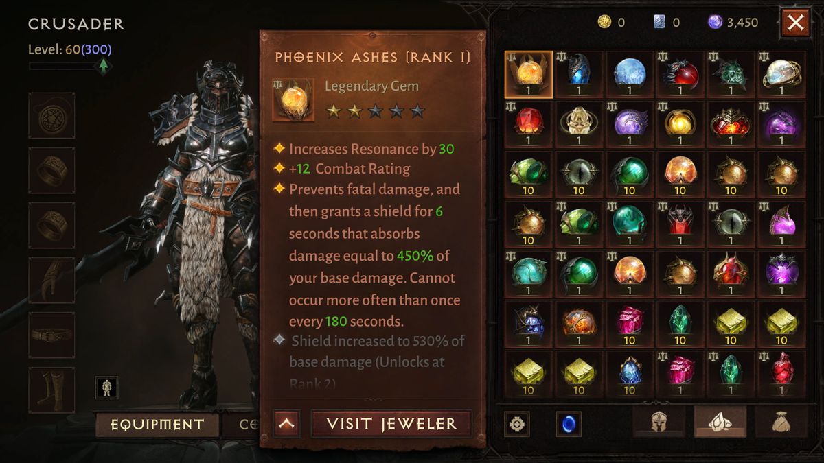 Uno screenshot di Diablo Immortal che mostra l'inventario delle gemme di una donna crociata