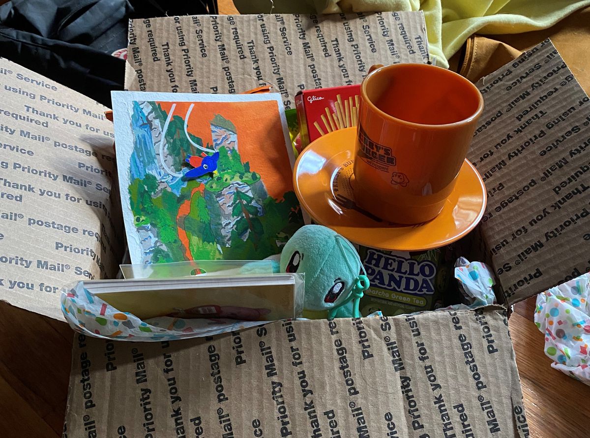 un pacco cura con uno squirtle e un dipinto e tazze kirby