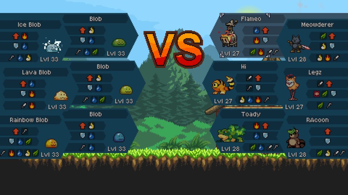 Una schermata contro che mostra due gruppi di sei nemici che si affrontano.  Uno dei gruppi è una varietà di creature, mentre l'altro gruppo è composto esclusivamente da diversi tipi di blob.