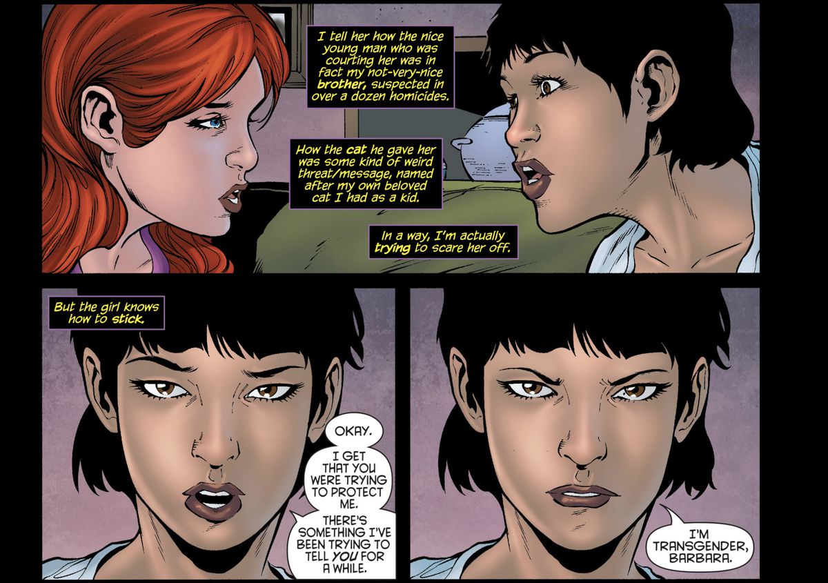 Nei riquadri della narrazione, Barbara Gordon/Batgirl spiega la conversazione rivelatrice che ha avuto con la sua coinquilina, Alysia Yeoh.  
