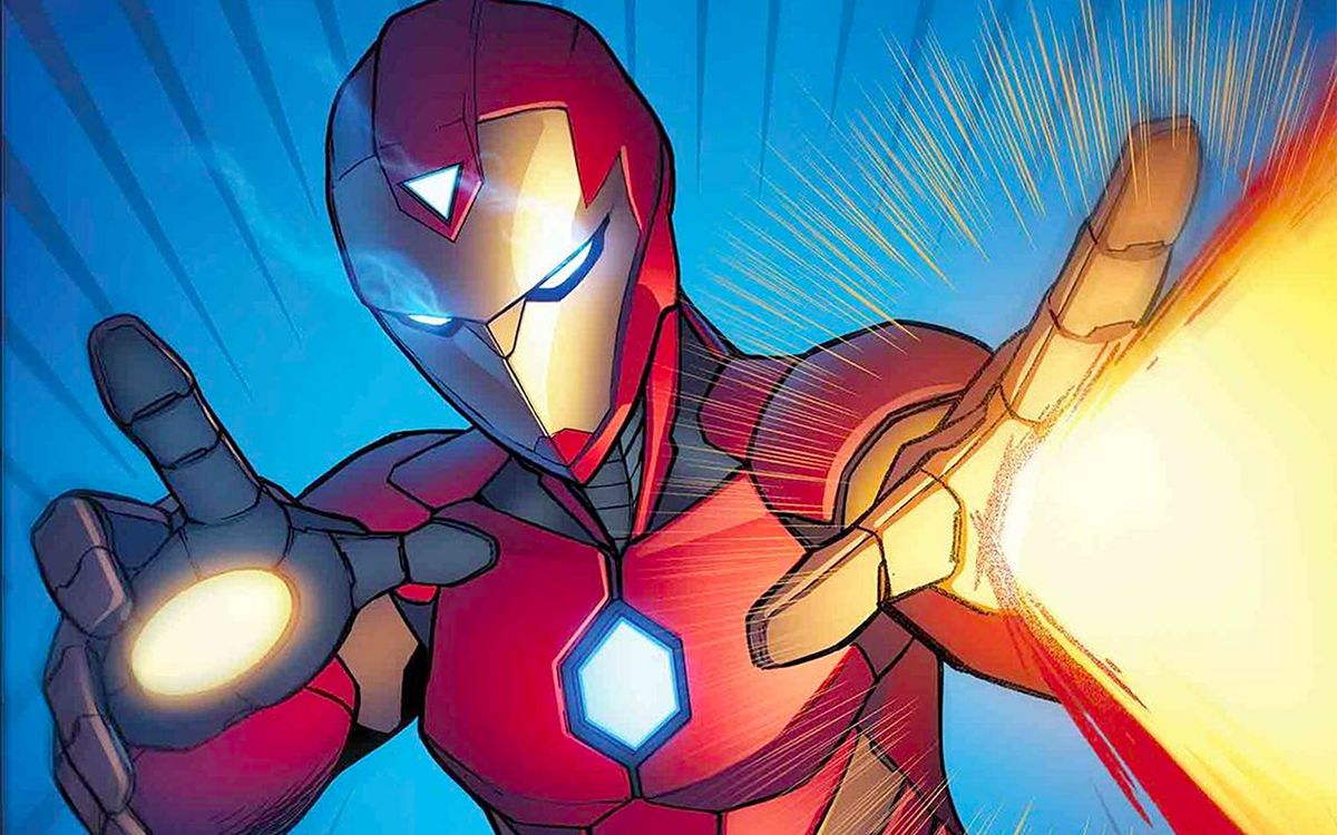Un'illustrazione dei raggi repulsori esplosivi di Ironheart dai fumetti di Iron Man