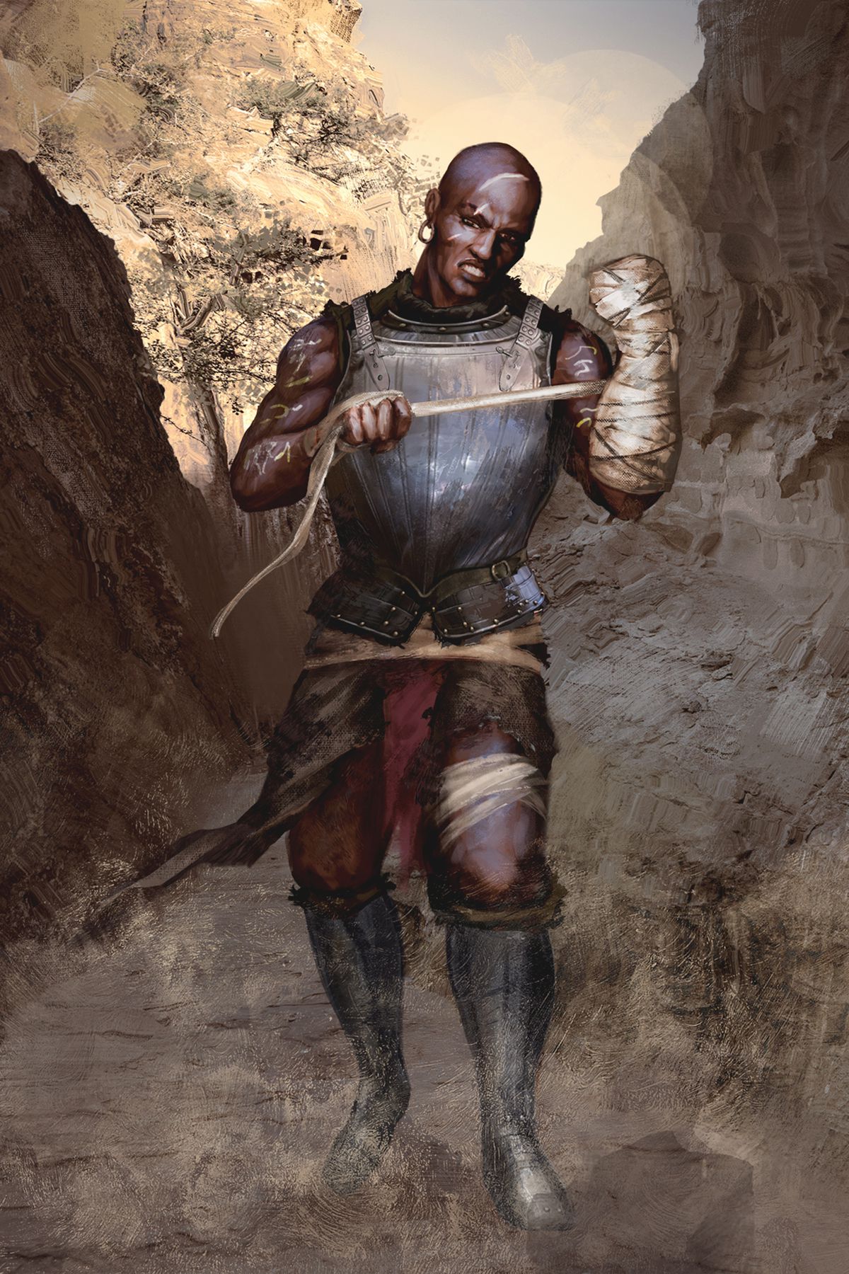 L'illustrazione per uno schermagliatore esperto mostra un uomo di colore con una corazza d'acciaio che avvolge la mano sinistra in una benda.