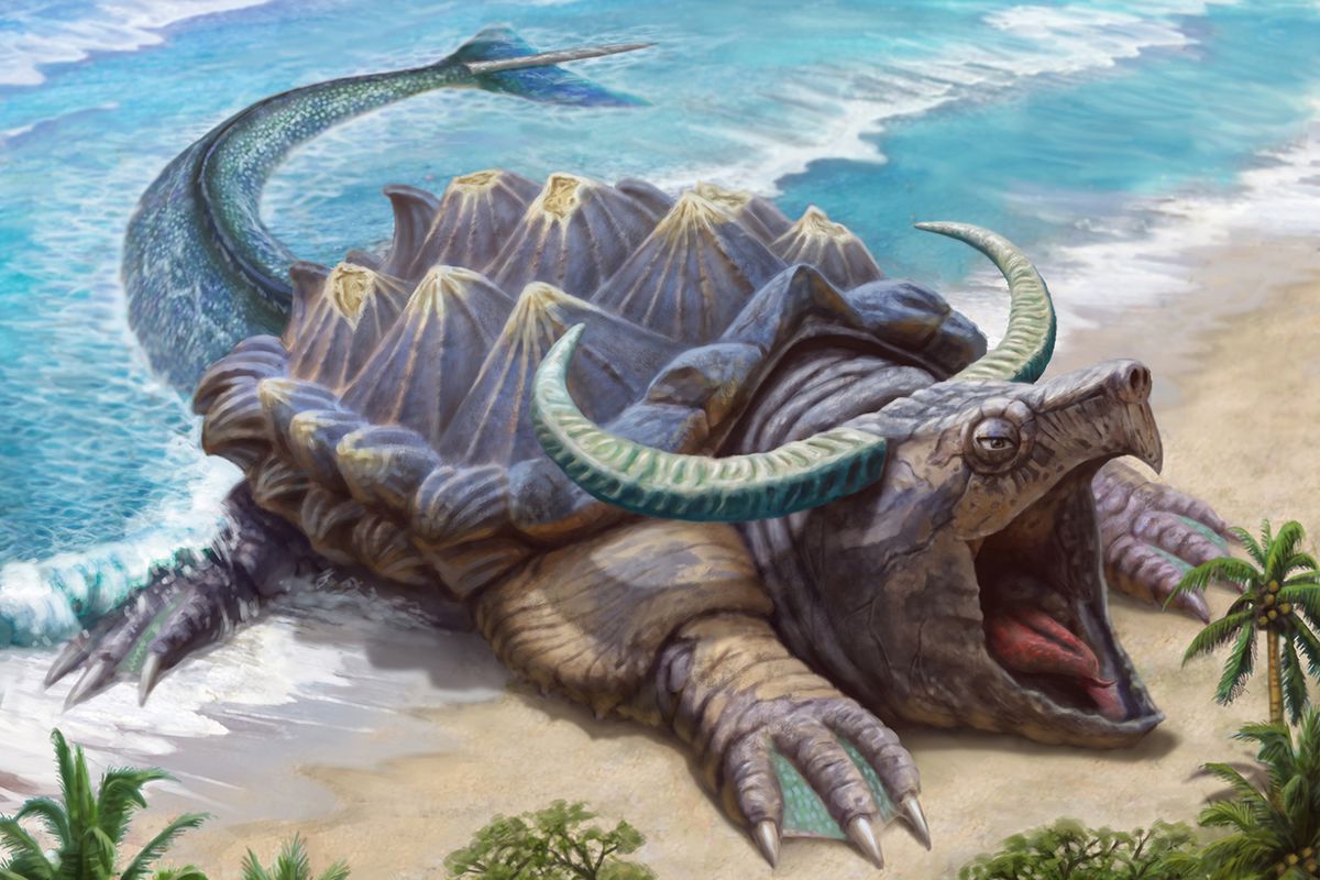 Una tartaruga drago sdraiata su una spiaggia, il suo guscio sembra cime di montagne.