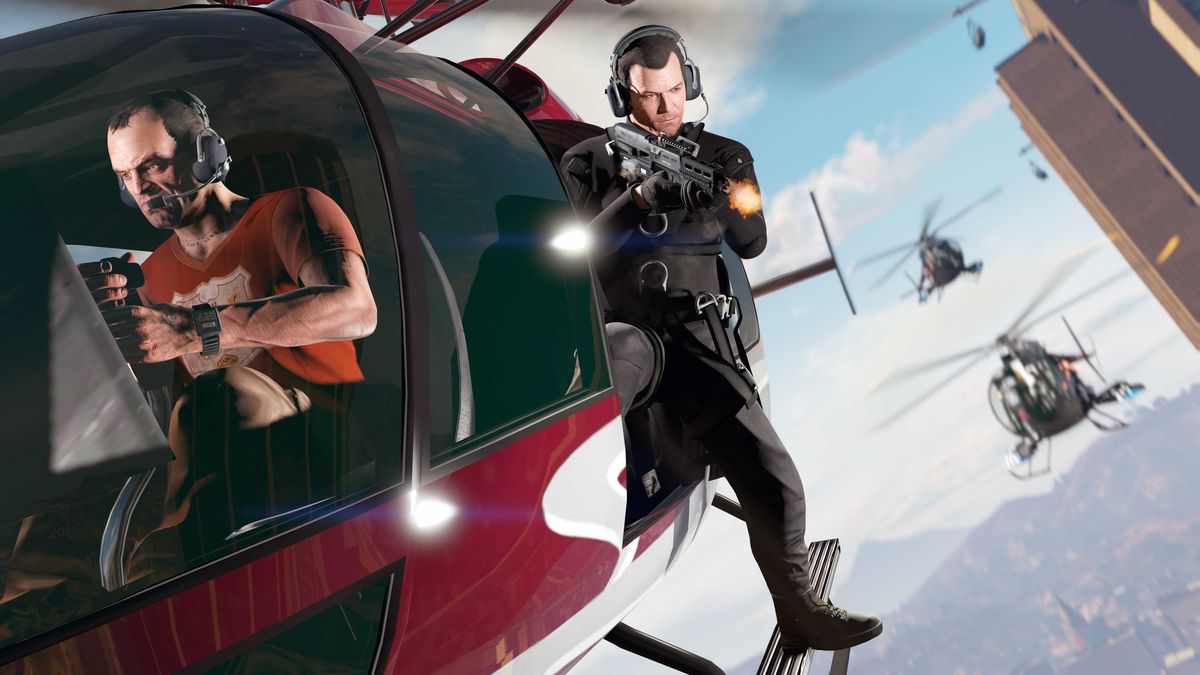Trevor e Michael su un elicottero in GTA 5 su PS5 e Xbox Series X