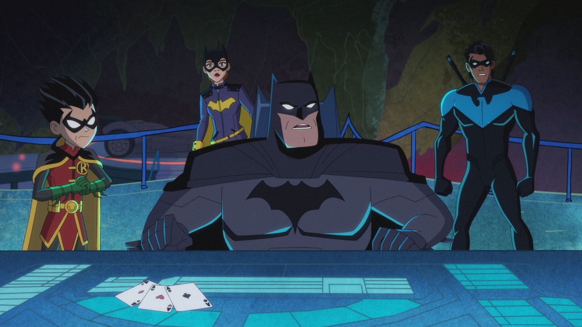 Batman, Robin, Batgirl e Nightwing stanno dietro al Batcomputer nella terza stagione di Harley Quinn