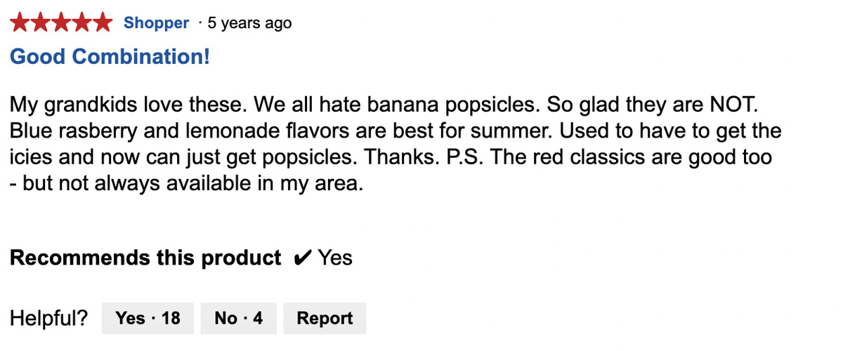 Uno screenshot di una recensione negativa di 5 anni di Minion Ice Pops intitolata 
