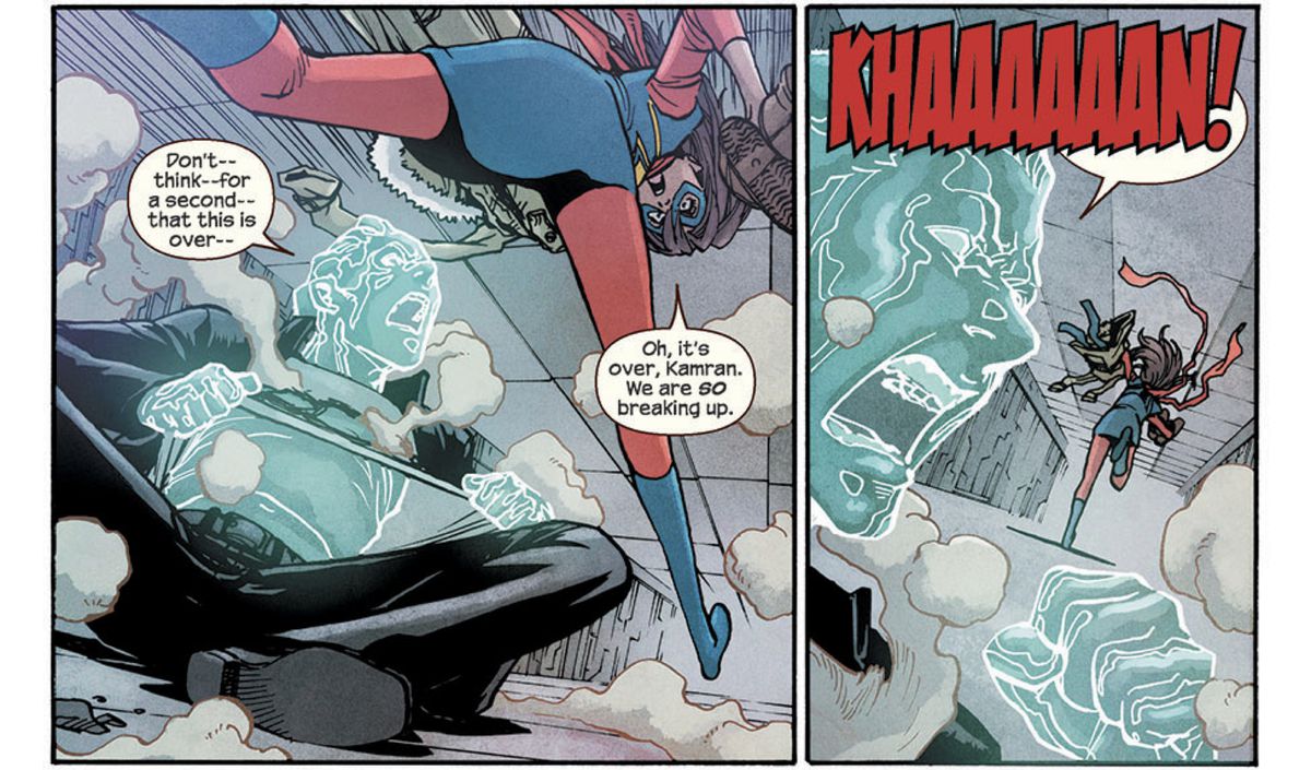 La signora Marvel salta sopra Kamran – la cui pelle risplende luminosamente con il suo potere disumano – dicendo “Oh, è finita, Kamran.  Ci stiamo rompendo così tanto.  “KHAAAAAAN!”  urla dopo di lei Kamran, in Ms. Marvel # 15 (2015). 