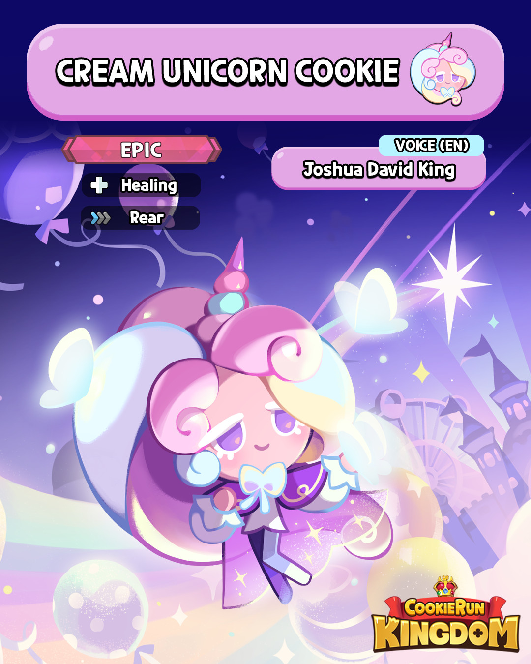 arte del personaggio per biscotto unicorno crema.  il biscotto ha un adorabile design rosa e indossa un corno di unicorno e un grande fiocco. 