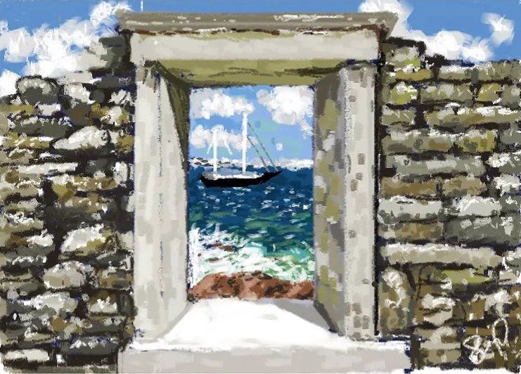 Pixel art mostra una finestra con una barca sull'oceano sull'altro lato