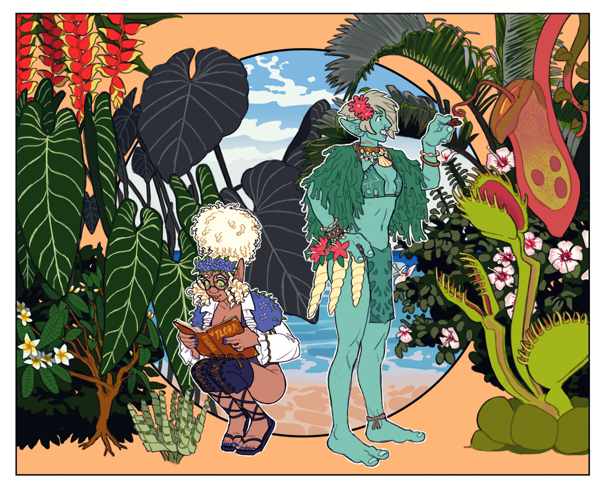 Un elfo e un troll stanno in un paradiso tropicale.  L'elfo è accovacciato e legge un libro sulla flora mentre guarda un piccolo fiore, mentre il troll è in piedi e porge uno spuntino a una pianta carnivora.