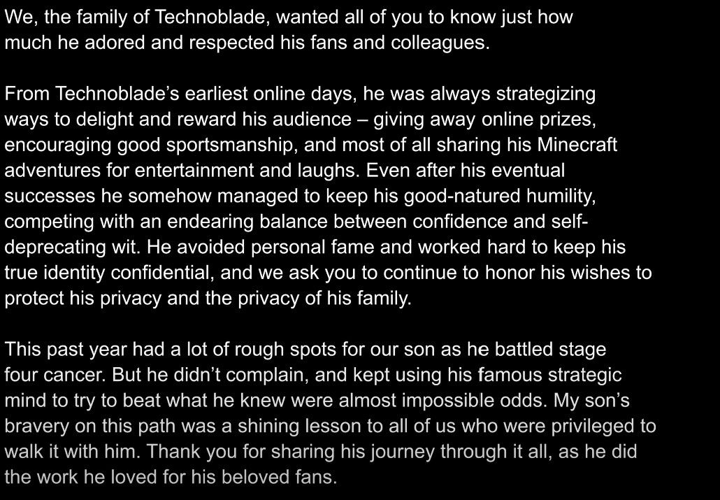 Una dichiarazione della famiglia di Technoblade 