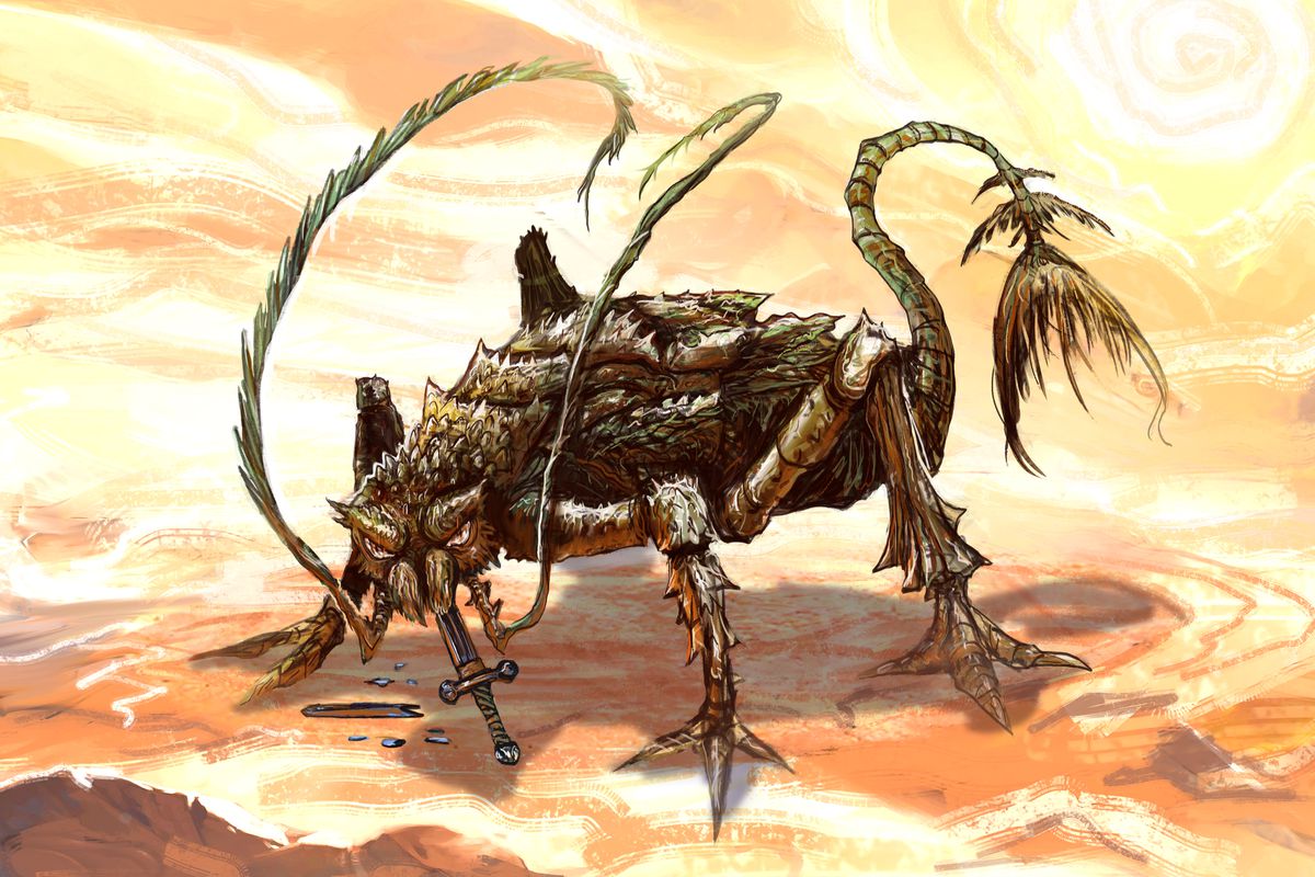 Un reimmagina un mostro di ruggine, che mangia una spada nel deserto.