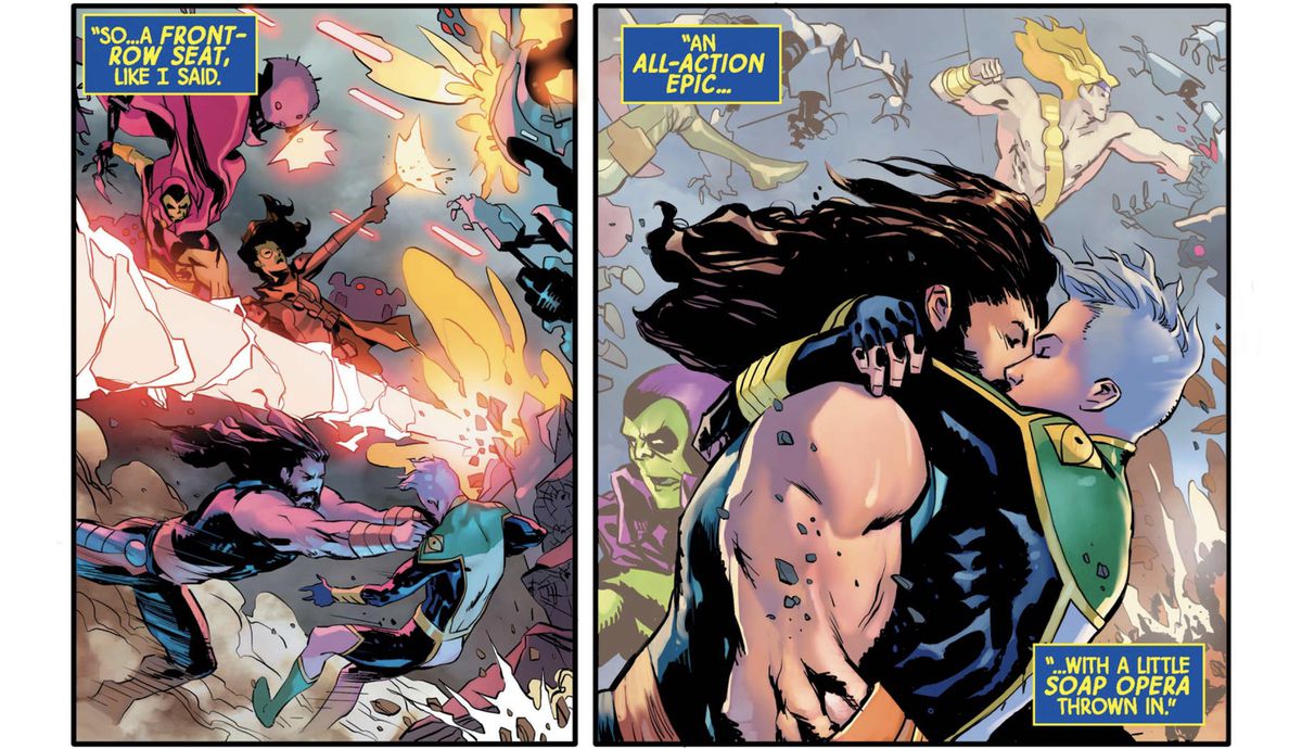 Hercules si lancia in una battaglia per afferrare Marvel Boy per i risvolti e baciarlo in Guardians of the Galaxy # 6 (2020). 