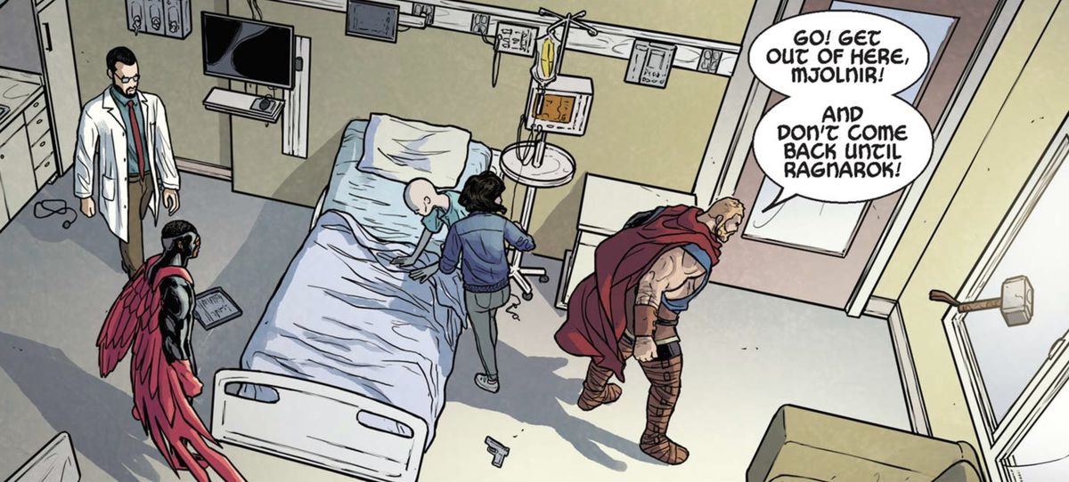 Thor che urla a Mjolnir in Mighty Thor #703 (2018)
