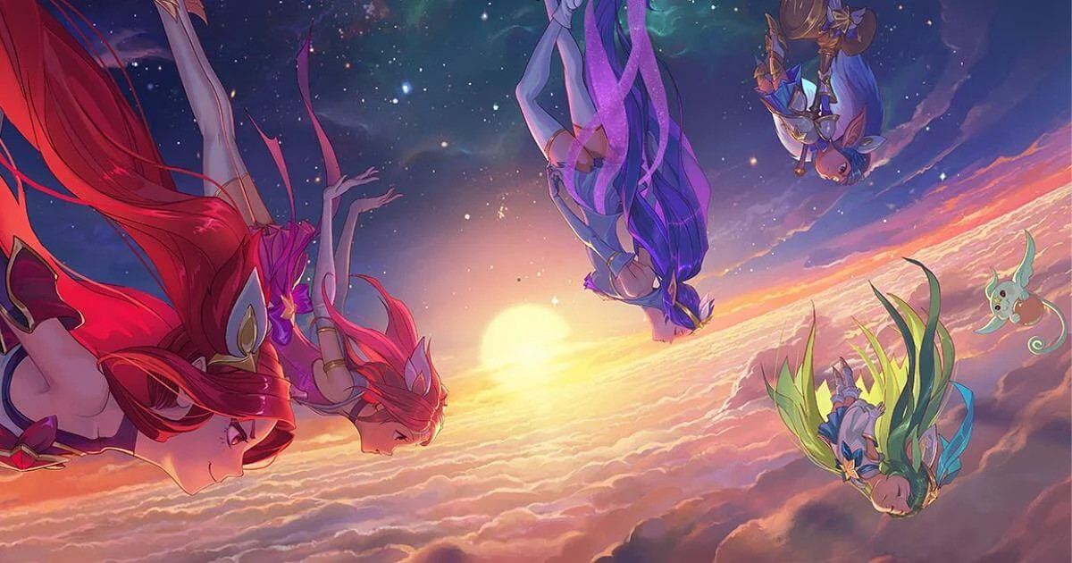 League of Legends - Arte della prima squadra di Guardiani Stellari (Lux, Jinx, Janna, Poppy e Lulu), che cade dai cieli nelle loro uniformi da ragazza magica
