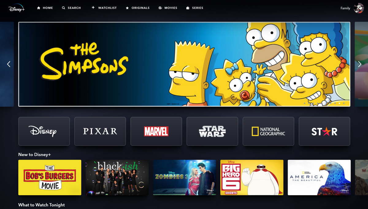 Uno screenshot della schermata principale di Disney Plus, che mostra un piccolo riquadro dei Simpson e collegamenti a Disney, Pixar, Marvel e Star Wars
