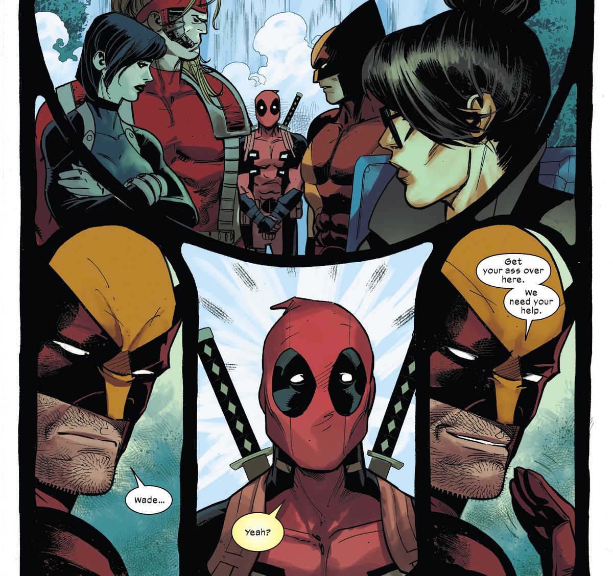 X-Factor guarda con scetticismo un timido Deadpool prima che Wolverine dica 