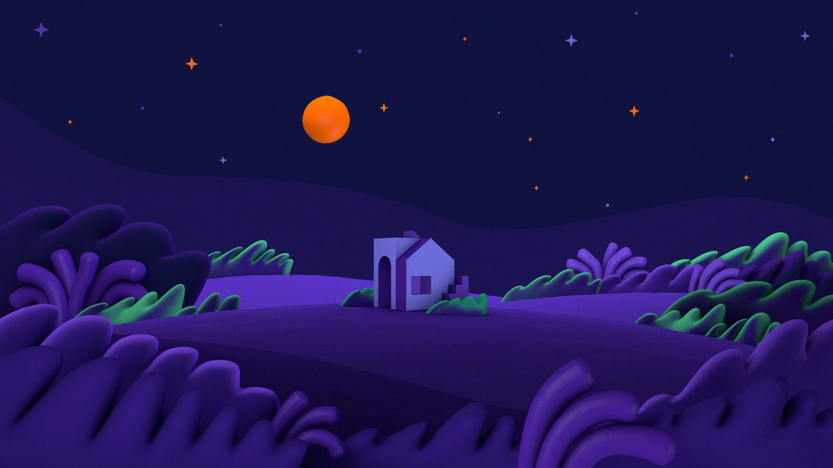 Uno screenshot dell'Headspace interattivo, con una ripresa di una casa in un campo animato e un cielo pieno di luna/stelle
