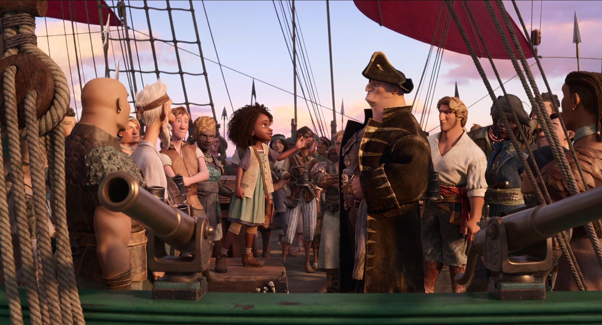 Maisie, il Capitano Crow e l'equipaggio sul ponte della loro nave in The Sea Beast
