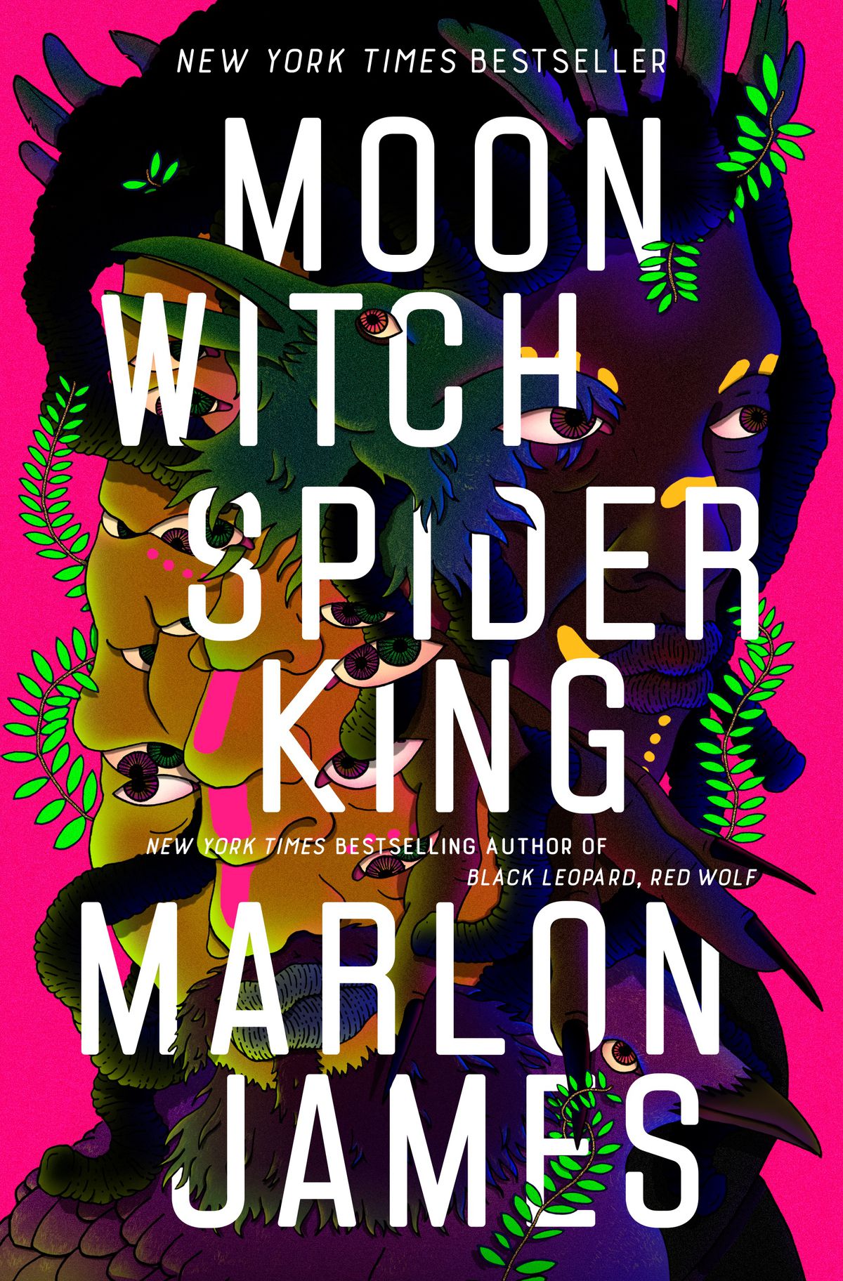 La copertina di Moon Witch, Spider King, che ha un'illustrazione che intreccia un volto con creature e fogliame.  È su uno sfondo rosa caldo.