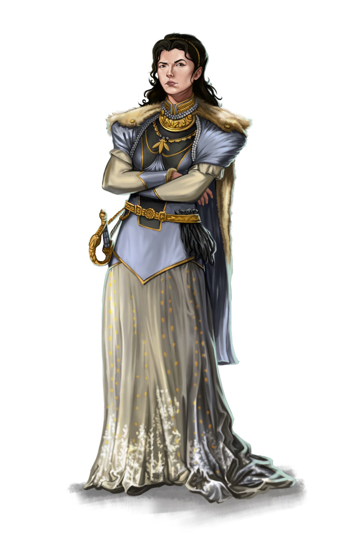 Una donna con un vestito fluido, l'accenno di una gorgiera dorata alla gola sotto un alto colletto militare.  Indossa un mantello di pelliccia e una spada al fianco.