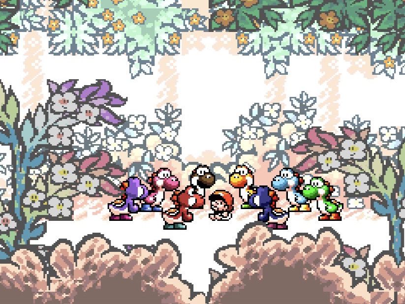 Una folla di Yoshi si raduna intorno al piccolo Mario in una foresta color pastello