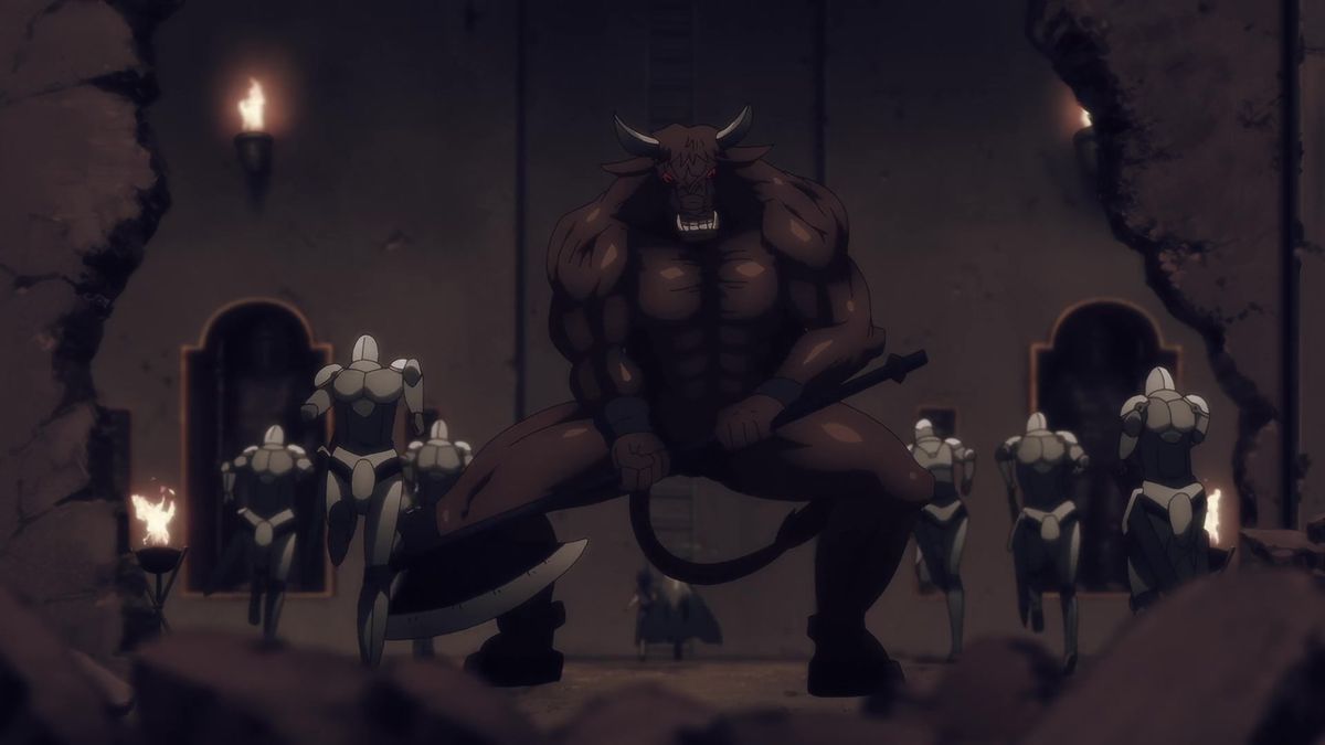 Un minotauro gigante con uomini in armatura che gli correvano davanti, visto attraverso un muro rotto
