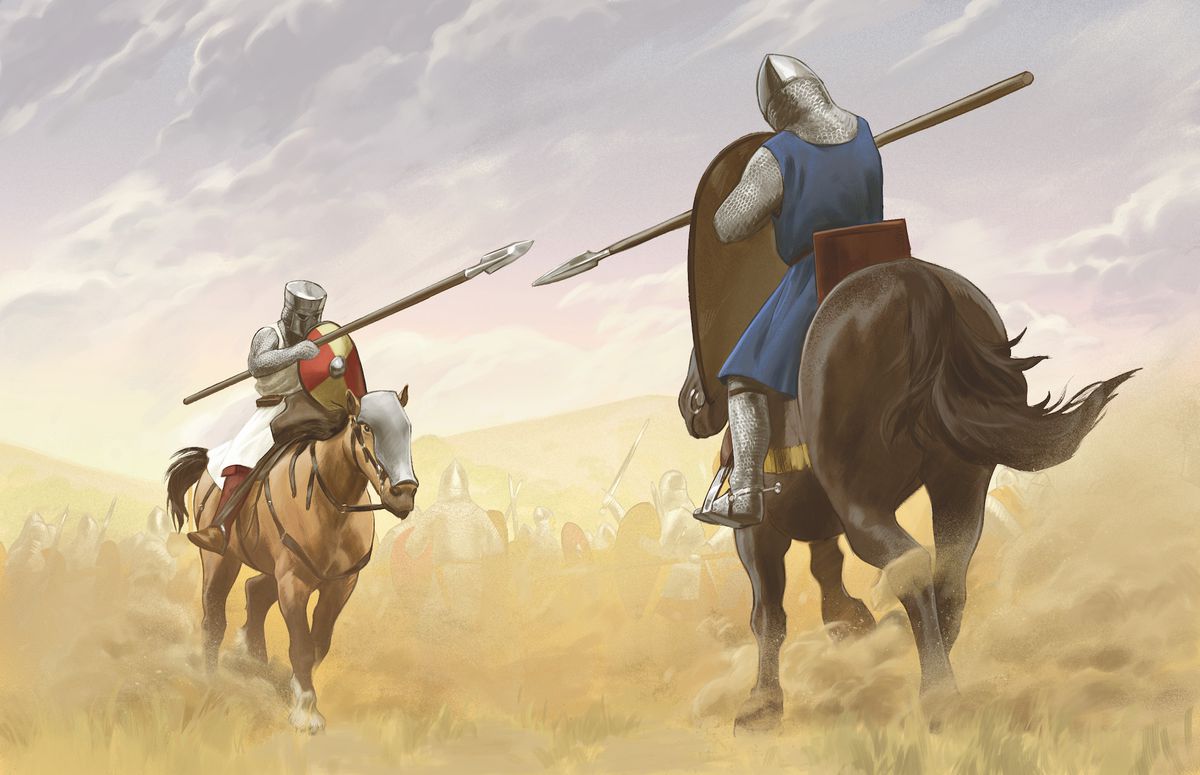 Due cavalieri in elmo da crociato si cavalcano l'un l'altro, con le lance alzate.