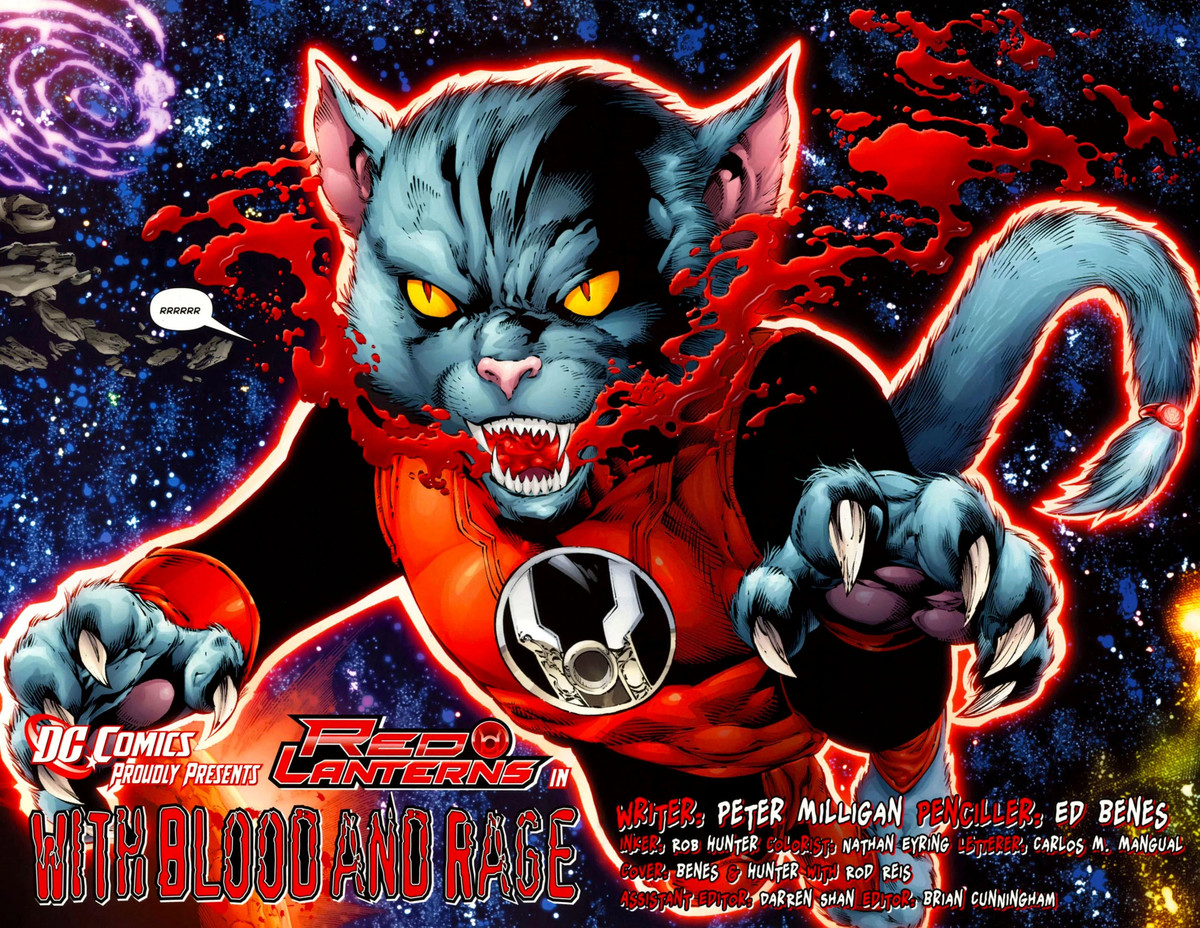 Una grande immagine di Dex-Starr la Lanterna Rossa, che sembra feroce con il sangue che gli esce dalla bocca e dice 