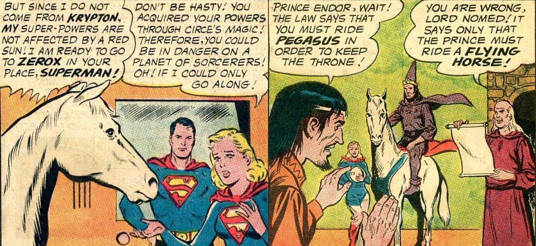 Comet the Super-Horse parla con Superman e Supergirl prima di essere cavalcato da un uomo con un cappello da mago.