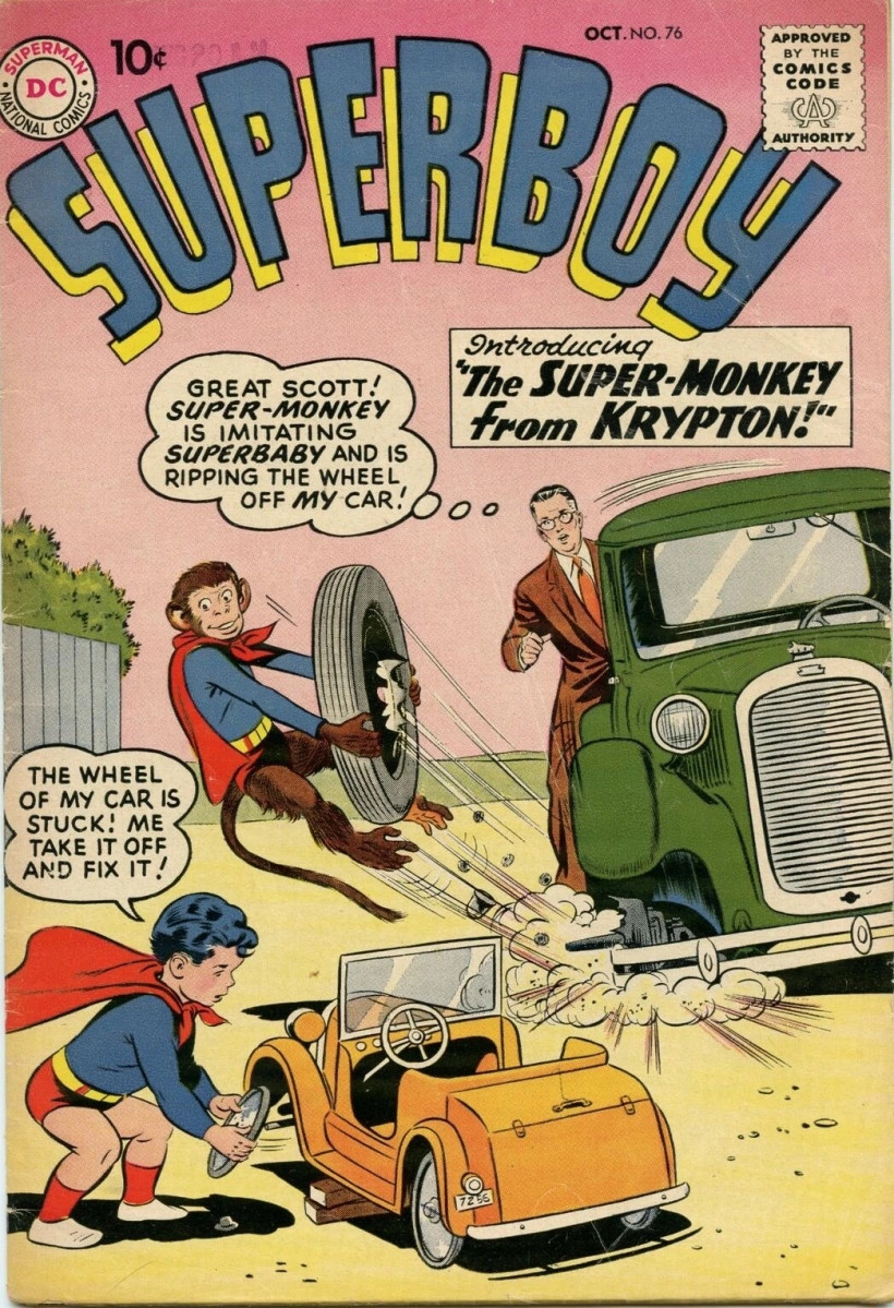 Beppo il Super-Scimmia strappa una ruota dal volante, imitando Superboy.