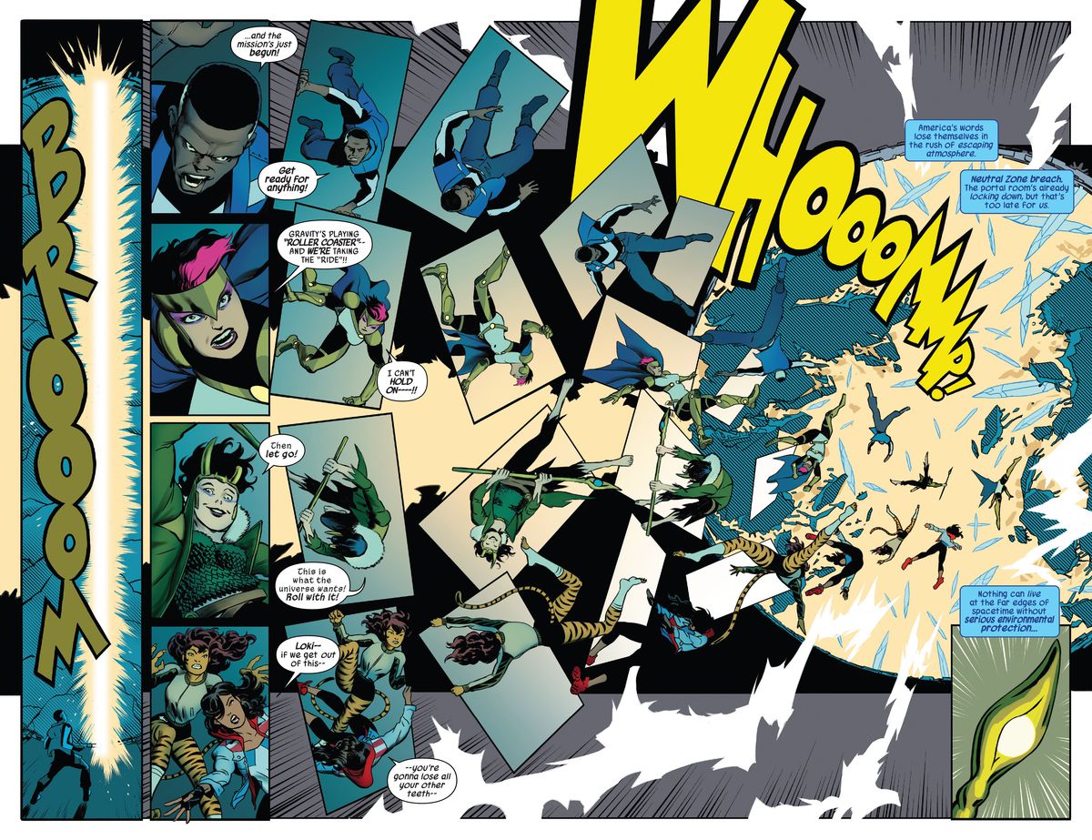 Con una grande BOOOM e un WHOOOMMP!  i Defenders vengono trascinati nella Zona Neutrale, in una doppia pagina di pannelli di fumetti che si frantumano e ruotano in un vortice, in Defenders: Beyond #1 (2022). 