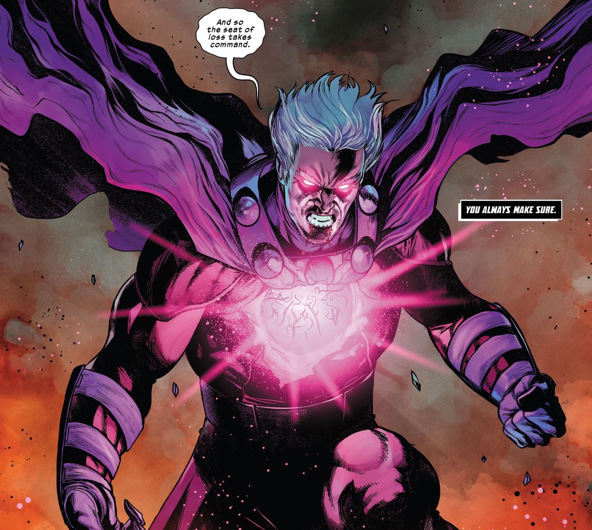 “E così la Sede della Perdita prende il comando, dice un Magneto in ascesa, con il mantello fluttuante.  i suoi occhi brillano di rosa, così come la cavità spalancata nel suo petto che è piena di piccoli filamenti dall'aspetto biologico in X-Men Red # 5 (2022).