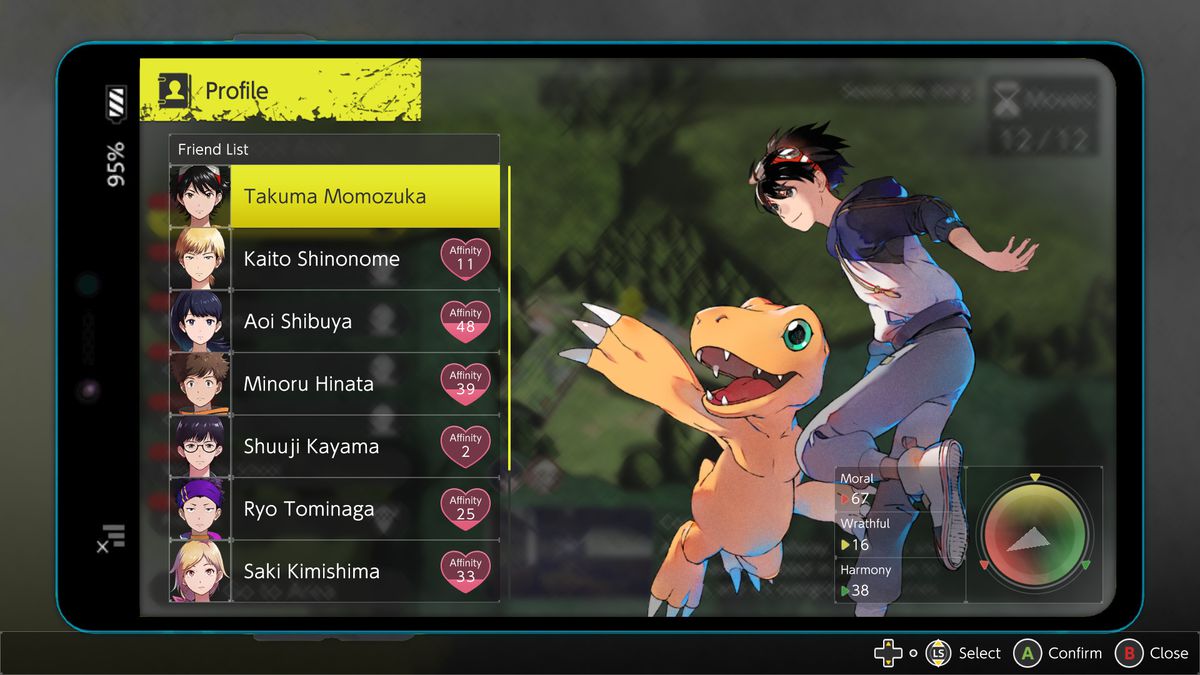 Il menu delle affinità in Digimon Survive