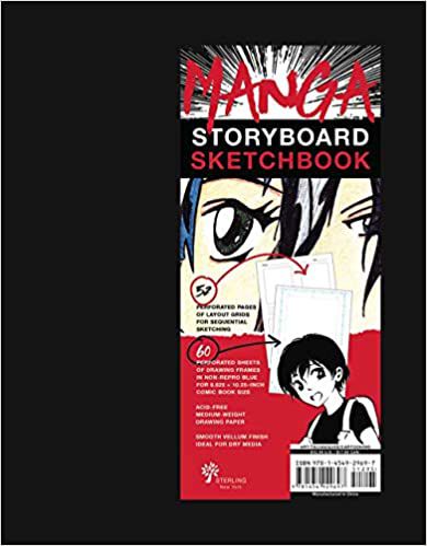 La copertina di Manga Storyboard Sketchbook, che ha una faccia in stile manga come sfondo, insieme a esempi di come appaiono le celle interne illustrative.