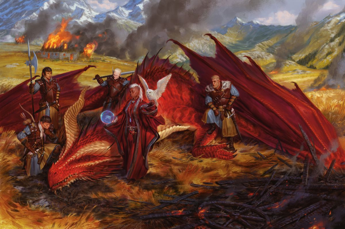 Un gruppo di avventurieri posa per un... un dipinto?... accanto al loro drago rosso appena catturato.