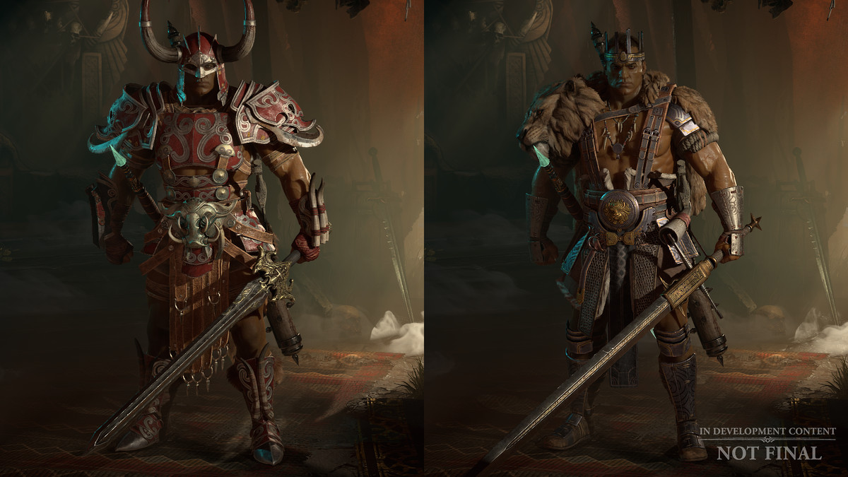 Un barbaro Diablo 4 in armatura pesante a sinistra, in contrasto con un set di pellicce a destra.  Entrambi sono molto dettagliati