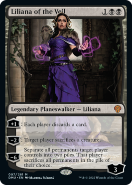 Liliana of the Veil, una leggendaria planeswalker, è pronta, con la magia che scorre dalle sue mani tese.